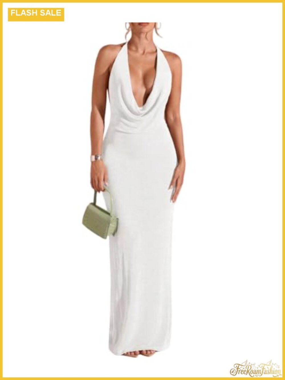 Halter Backless Bodycon Maxi Dress, Deep V Neck Sleeveless Formal Evening Gown